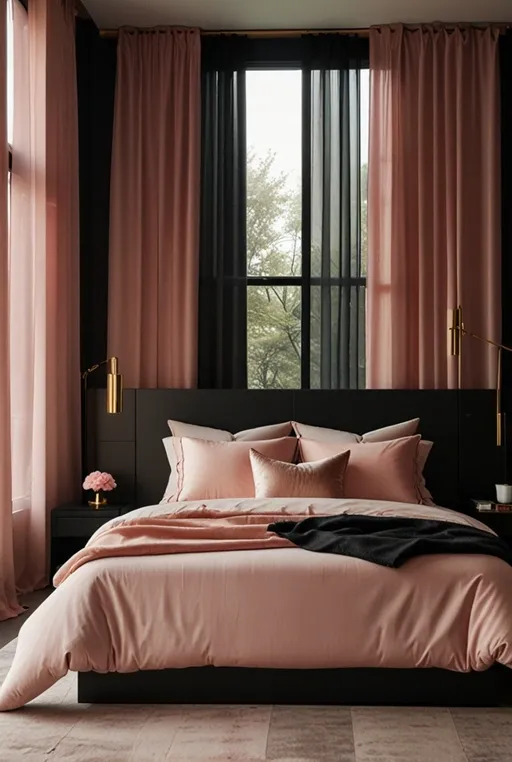14. Sleek Black and Pink Bedroom with Metallic Accents