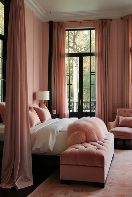 15. Black Four-Poster Bed with Pink Velvet Accents