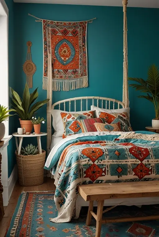 15. Cheerful Turquoise Bedroom with Bohemian Decor