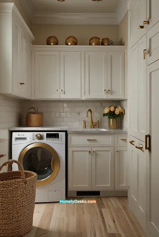 15. Classic White and Gold Laundry Room with Wainscoting