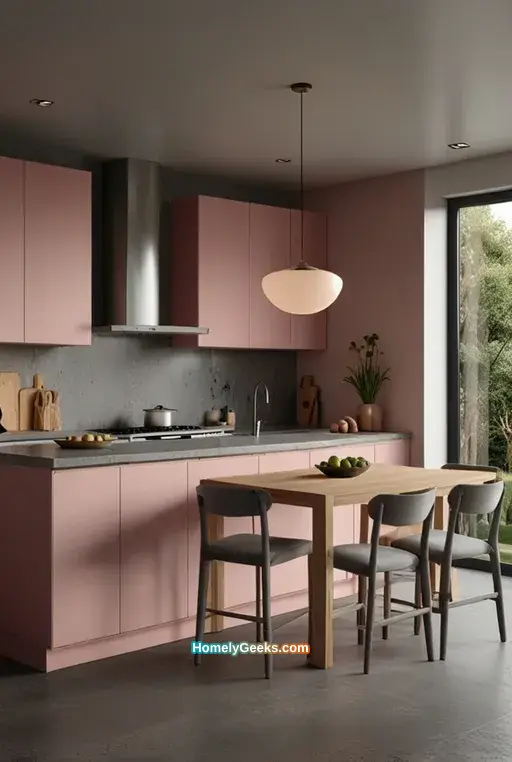 15. Elegant Pink and Gray Kitchen with Sleek Details