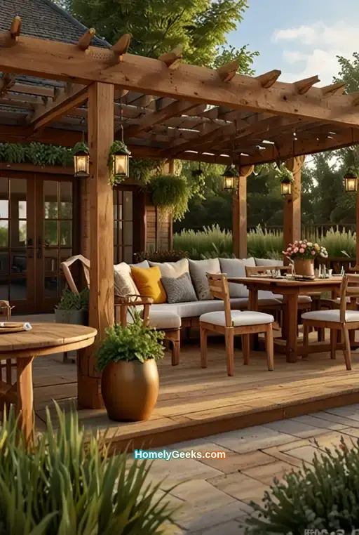 15. Rustic Multi Level Deck with Outdoor Dining Area and Wooden Pergola