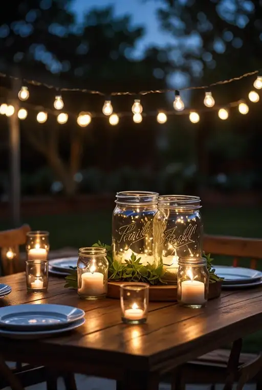 16. Fairy Lights in Jars on a Patio Table