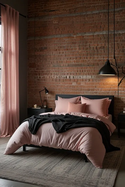 16. Industrial Black and Pink Bedroom with Exposed Brick Wall