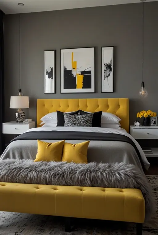 16. Modern Gray Bedroom with Pops of Yellow