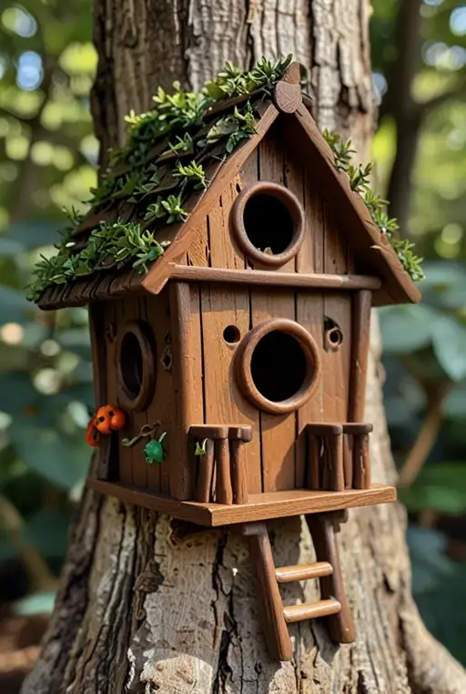16. Tree-House Birdhouse with Multiple Levels and Rope Ladder