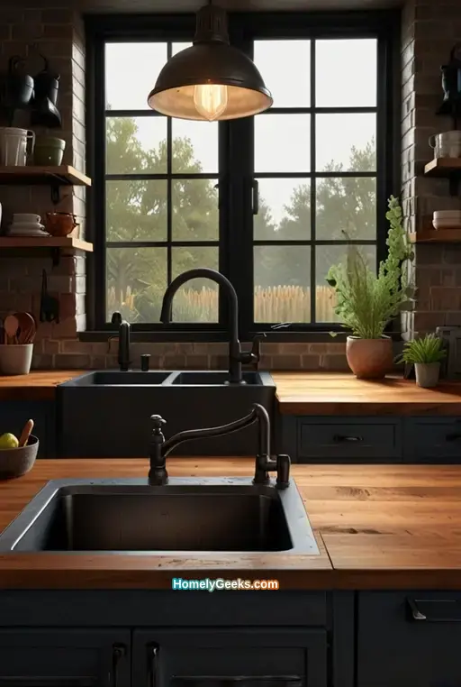 17. Blackened Steel Kitchen Sink with Wooden Countertop