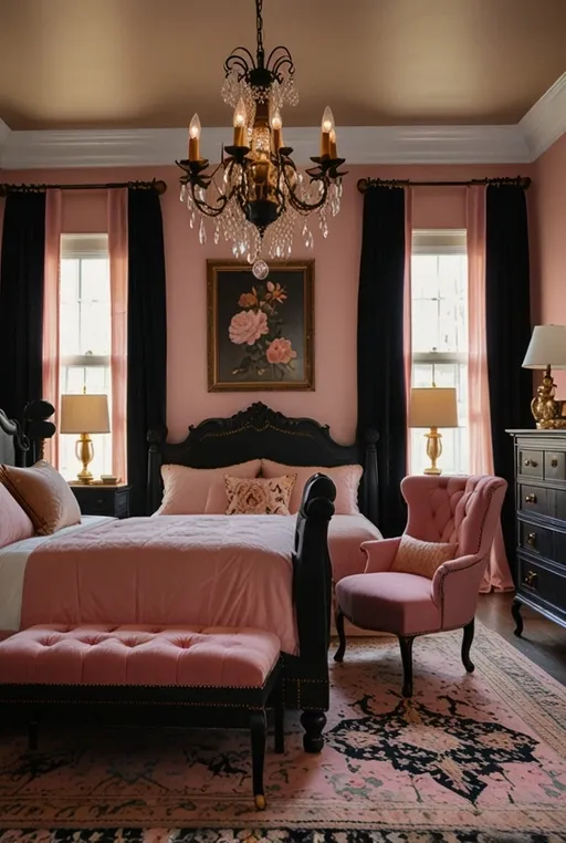 17. Elegant Black and Pink Bedroom with Vintage Touches