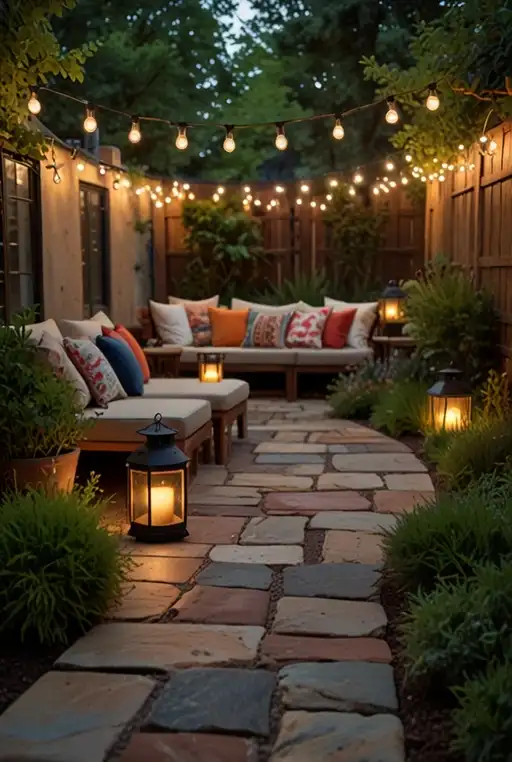 17. Flagstone Patio with Fairy Lights and Lanterns