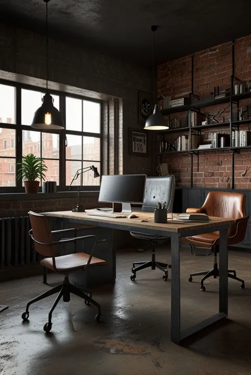 17. Industrial Chic Home Office with Laptop and Metal Accents