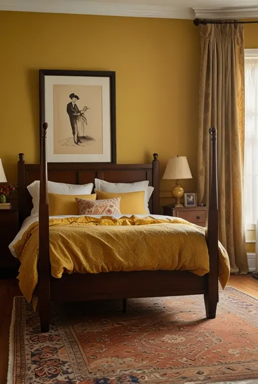 17. Warm Mustard Bedroom with Vintage Vibes
