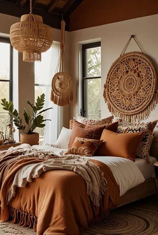 18. Bohemian Fall Bedroom with Warm Earthy Decor