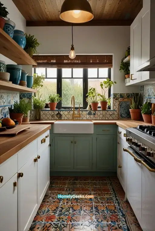 18. Boho Kitchen with Colorful Tile Floors