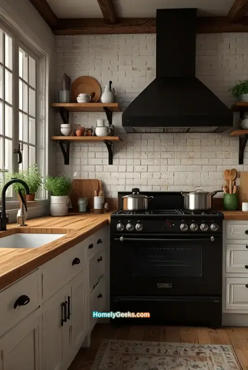 18. Kitchen with Vintage Stove and Brick Backsplash