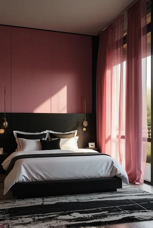 18. Modern Black Bed with Bold Pink Accent Wall