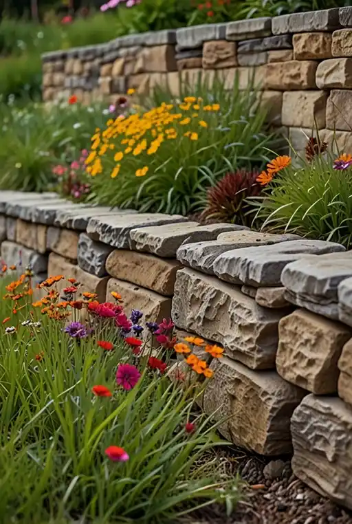 18. Multi-Material Retaining Wall with Grass and Wildflower Borders