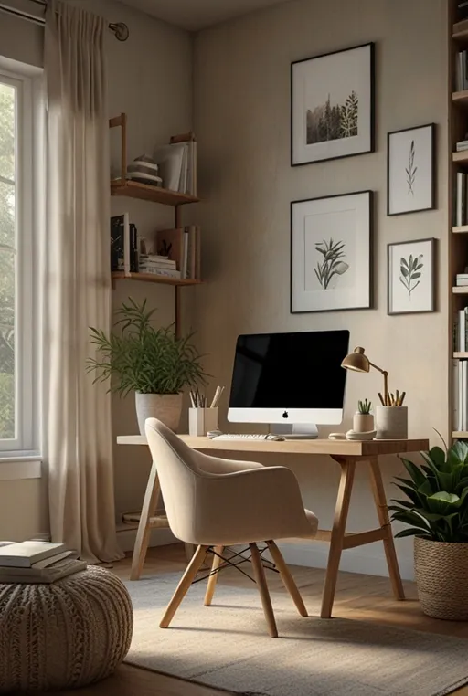 18. Serene Home Office with Desktop and Neutral Tones