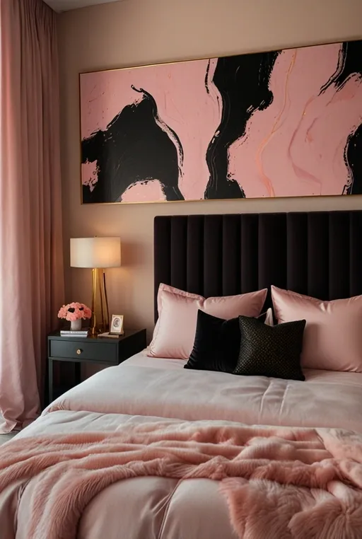 19. Black Bed with Pink Quilted Headboard and Artistic Decor