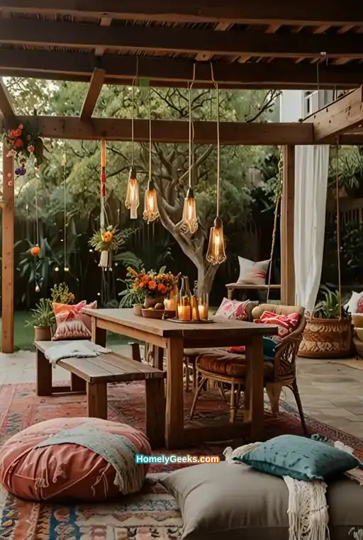 19. Boho Dining with Outdoor Swing and Bright Textiles