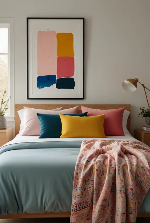 19. Bright White Bedroom with Colorful Art Accents