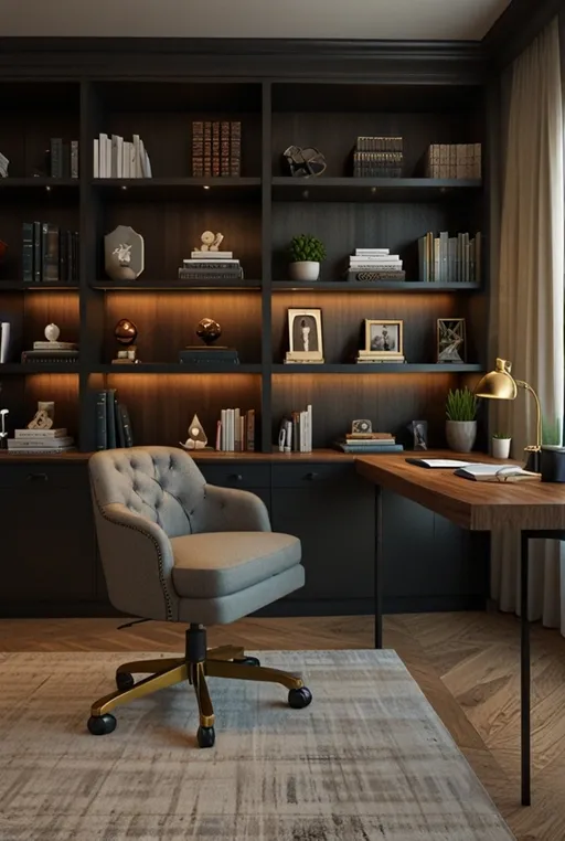 19. High-End Home Office with Desktop and Custom Built-Ins