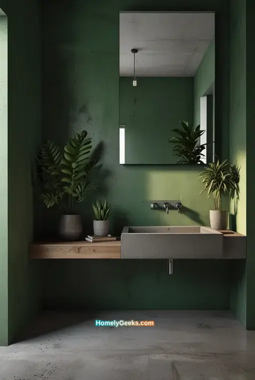 19. Minimalist Green Bathroom with Concrete Features