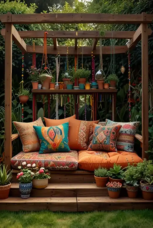 2. Cozy Garden Nook with Patchwork Cushions and Tapestries