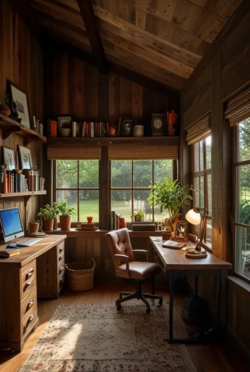 2. Cozy Rustic Office Shed with Wooden Details