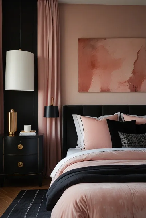 2. Luxurious Pink Velvet Bed with Black Accents