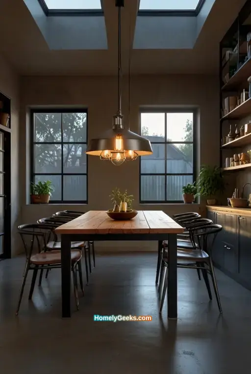 2. Sleek Metal and Wood Dining Table with Factory Chairs