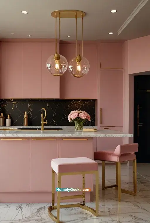 2. Soft Pink Accents with Marble Countertops
