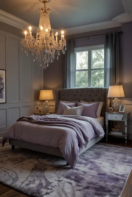 20. Charming Lavender and Gray Bedroom with Romantic Touches