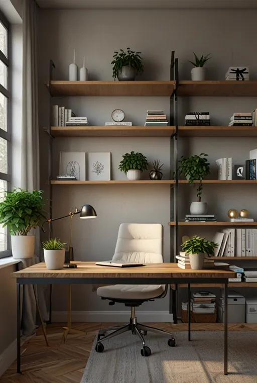 20. Contemporary Home Office with Laptop and Open Shelving