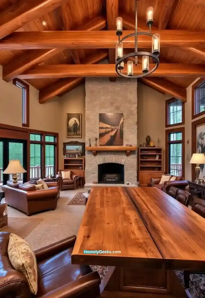 20. Cozy Rustic Living and Dining Room with Stone Fireplace