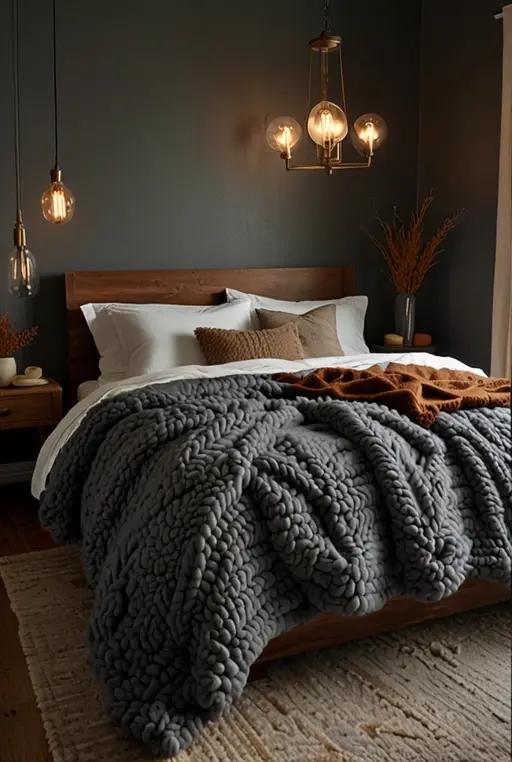 20. Oversized Knit Blanket and Cozy Lighting