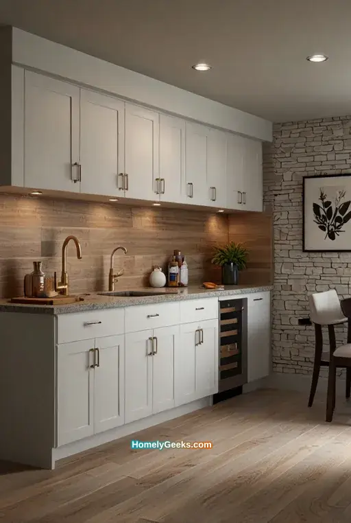 20. Transitional Basement Kitchenette with Mixed Materials