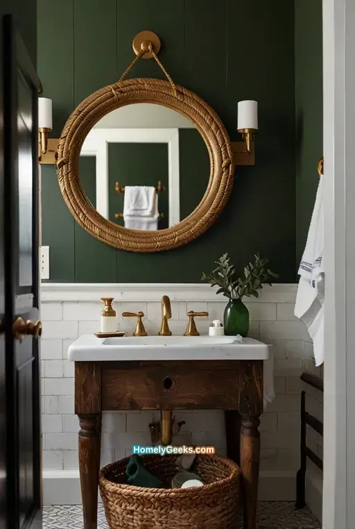 25. Farmhouse Bathroom with Vintage Decor and Freestanding Vanity