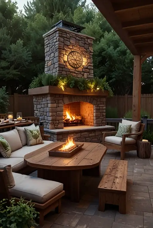 28. Traditional Multi Level Deck with Stone Fireplace and Dining Area