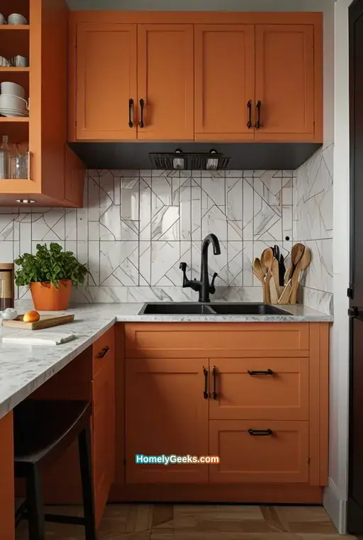 29. Bold Orange and White Kitchen for Small Spaces