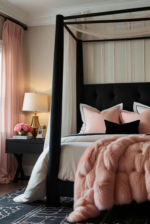 3. Black Canopy Bed with Soft Pink Decor Accents