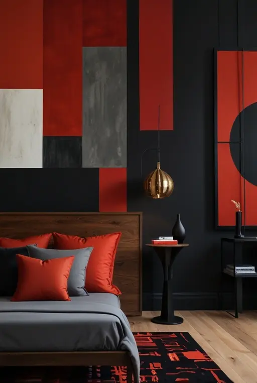 3. Bold Red and Black Bedroom with Modern Style
