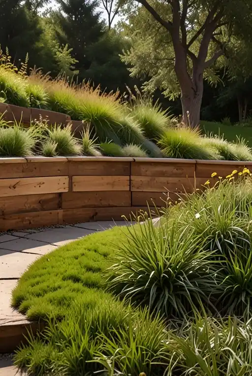 3. Curved Timber Retaining Wall with Native Plant