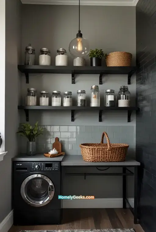 3. Grey and Black Laundry Room with Floating Shelves