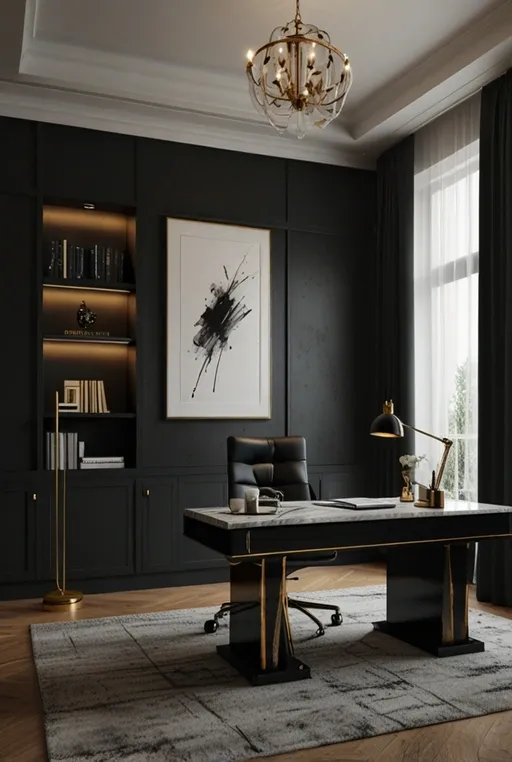 3. Sleek Home Office with Desktop Computer and Black-and-White Theme