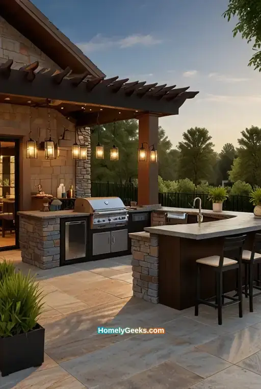 30. Elegant Multi Level Deck with Outdoor Kitchen and Bar Area