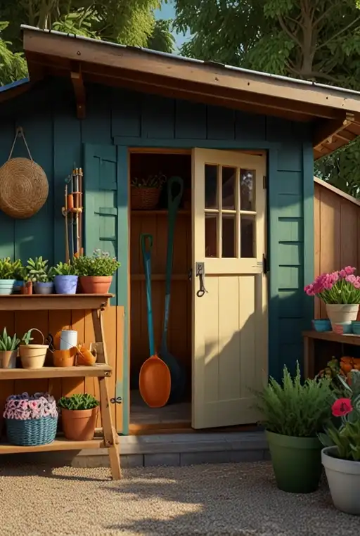 30. Garden Shed with Decorative Storage and Shelving