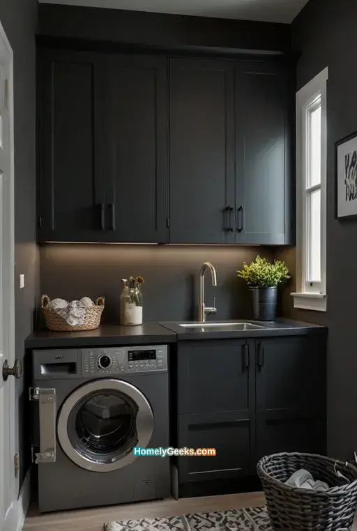 4. Compact Grey Laundry Room with Black Accents
