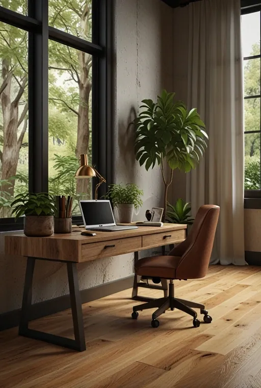 4. Nature-Inspired Home Office with Desktop and Indoor Plants