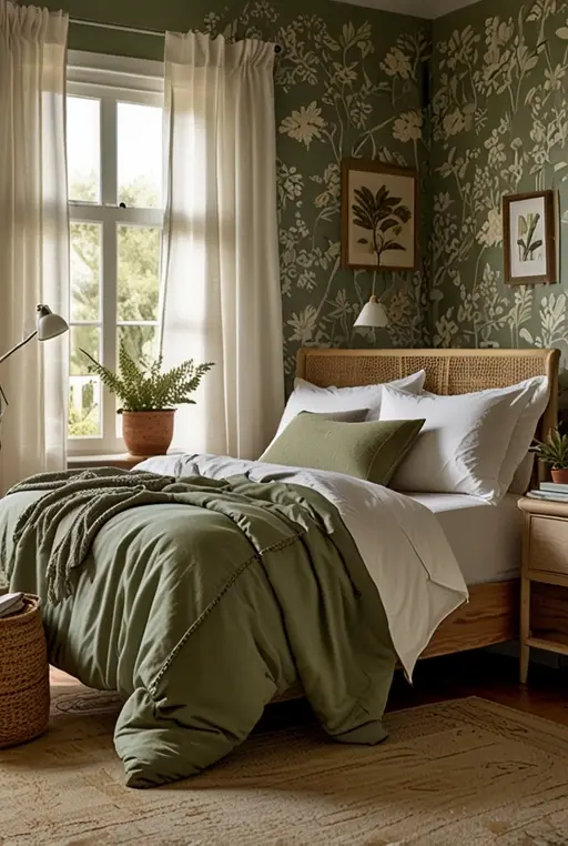 4. Refreshing Green Bedroom with Botanical Touches