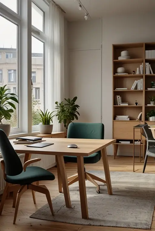 4. Scandinavian Office with Light Wood and Neutral Hues